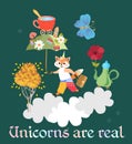 A small cute little fox - a unicorn with a magic umbrella in its paws, walks the clouds.