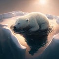 A small cute polar bear in a puddle. Global warming, melting of glaciers, created by Generative AI