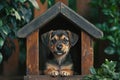 Small cute puppy inside dog house in a backyard. Ai Generative Royalty Free Stock Photo