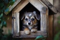 Small cute puppy inside dog house in a backyard. Ai Generative Royalty Free Stock Photo