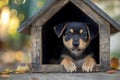 Small cute puppy inside dog house in a backyard. Ai Generative Royalty Free Stock Photo