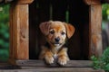 Small cute puppy inside dog house in a backyard. Ai Generative Royalty Free Stock Photo