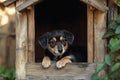 Small cute puppy inside dog house in a backyard. Ai Generative Royalty Free Stock Photo