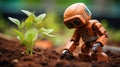 Small cute robot with a plant. Concept of digital transformation in agriculture and smart farming Royalty Free Stock Photo