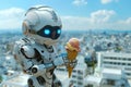 Small cute technological humanoid robot holding delicious ice cream against the background of a cityscape