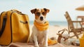 Small cute traveller dog sitting on the beach on towel. Concept of summer traveling , generative AI tools g