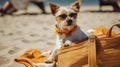 Small cute traveller dog sitting on the beach on towel , generative AI tools