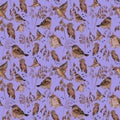 Small cute Woodpeckers birds with seeds and wheat on purple background. Raster seamless pattern