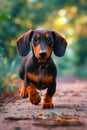 A small dachshund dog running through the woods Royalty Free Stock Photo