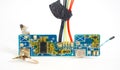 small damaged part of laptop electronic circuit board on white background Royalty Free Stock Photo