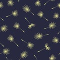 Small dandelion seeds flying on blue background. The texture looks like dark sky with stars. Seamless floral pattern. Vector Royalty Free Stock Photo