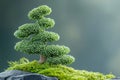 Small decorative bonsai tree made of green beads growing on green moss and stone with blurred background Royalty Free Stock Photo