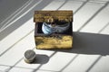 Small decorative chest with Russian rubles and coins Royalty Free Stock Photo