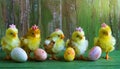 Small decorative easter chickens and eggs in a row on green background Royalty Free Stock Photo