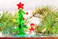 Small decorative glass snowman-toy and christmas tree Royalty Free Stock Photo