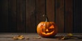 Small decorative orange pumpkin on wooden table Happy Thanksgiving Day or Halloween banner mockup, header design.