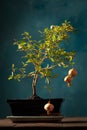 Small decorative pomegranate bonsai tree in a pot