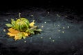 Small decorative pumpkins and autumn maple leaves