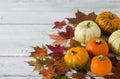 Small decorative pumpkins of different colors orange, white and green lie on a wooden background, maple leaves of different colors Royalty Free Stock Photo