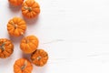 Small decorative pumpkins on white wooden background. Autumn, fall, thanksgiving or halloween day concept, flat lay, top view Royalty Free Stock Photo