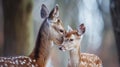 A small deer is nuzzling the head of a larger one, AI Royalty Free Stock Photo