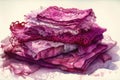 Small delicate magenta lace pieces arranged in a neatly stacked pile. Trendy color of 2023 Viva Magenta.. AI generation