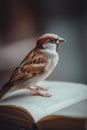 Detailed close-up of a tiny sparrow bird resting on the pages of an old open book, a symbol of wisdom and learning. Royalty Free Stock Photo