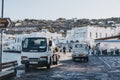 Small delivery cars in the new port in Hora Mykonos Town, Mykonos, Greece