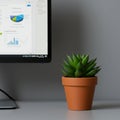 A small desk setup features a computer monitor displaying graphs and charts, Royalty Free Stock Photo