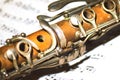 Small detail of an old clarinet on musical score Royalty Free Stock Photo