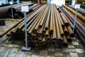 Small diameter metal pipes in the warehouse of the plant. Manufacture and sale of steel products. Foreground