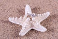 Diamond engagement wedding ring on starfish on sandy beach Royalty Free Stock Photo