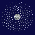 Small diamonds (gems, rhinestones) scattered around a large round diamond isolated on dark blue background Royalty Free Stock Photo