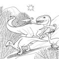 Small dinosaurs jumping around a giganotosaurus in a hilly landscape.