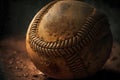 Small dirty ball for playing baseball is thrown on floor, generative ai