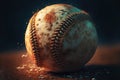 Small dirty ball for playing baseball is thrown on floor, generative ai