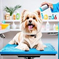 Small dog lying on a grooming table