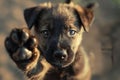 Small Brown and Black Dog With Paw Raised. Generative AI