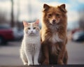 Small dog and cat standing together in a photo, animal photography pics