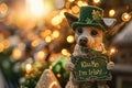 A small dog dressed in a green hat and holding up an irish sign, AI