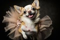 Small dog is dressed in tutu and posing for picture with its tongue out. Generative AI Royalty Free Stock Photo