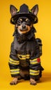 Small Dog in Firemans Outfit Royalty Free Stock Photo