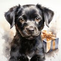 Small dog with a gift, watercolor style. Square postcard. AI generative