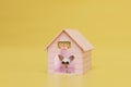 a small dog with glasses in a glamorous pink booth on a yellow background. 3D render
