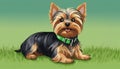 A small dog with a green collar sitting on the grass