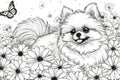 A small dog laying in a field of flowers, coloring book for kids.