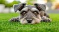 A small dog laying on the grass with its eyes closed, AI Royalty Free Stock Photo