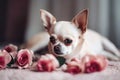 a small dog laying on top of a bed of roses Royalty Free Stock Photo