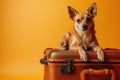 Small dog lying on old-fashioned closed suitcase, on solid yellow background.