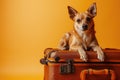 Small dog lying on old-fashioned closed suitcase, on solid yellow background.